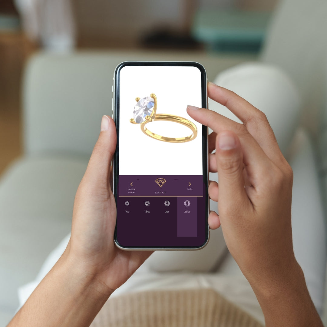 photo of Richter & Phillips custom ring configurator design tool on a mobile phone being held by two hands