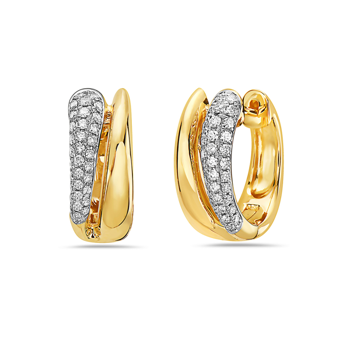A pair of yellow gold earrings are in the middle of a white background, and the right earring is displayed on the side. The earrings feature a three-row diamond-set row and a solid yellow gold row on the hoop.