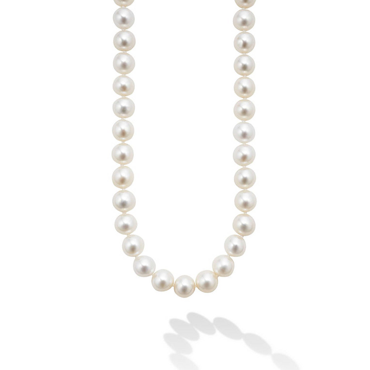 A close-up of a pearl necklace against a white background.