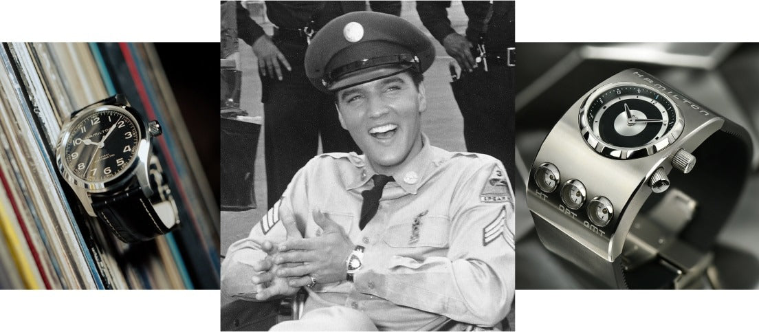A collage of three photos features Hamilton watches on the left and right and a picture of Elvis in the middle, wearing a military uniform.