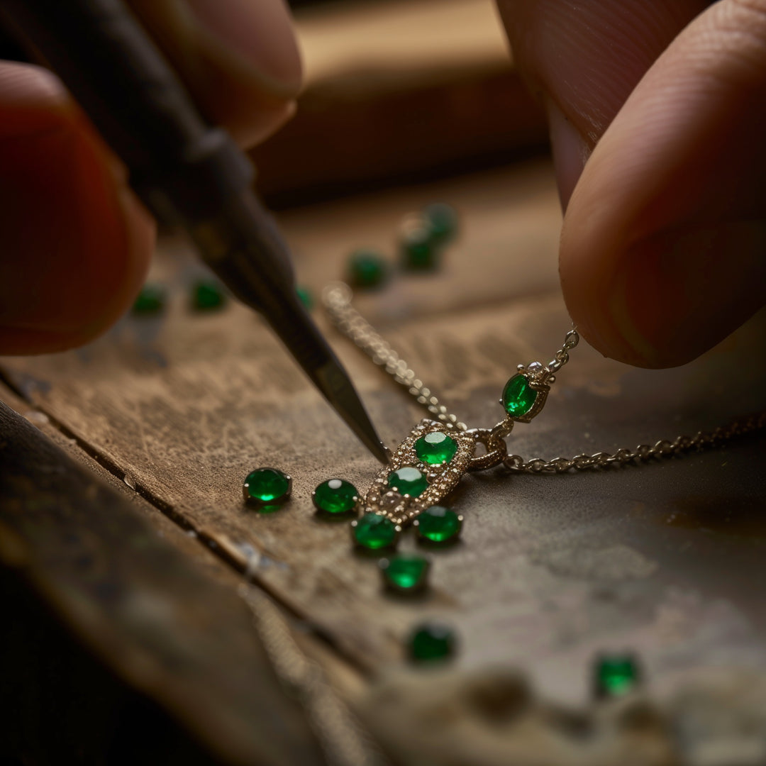 A close-up of a person working on a yellow gold necklace with round-shaped green diamonds. The person is holding one side of the necklace and putting a green diamond on the necklace.