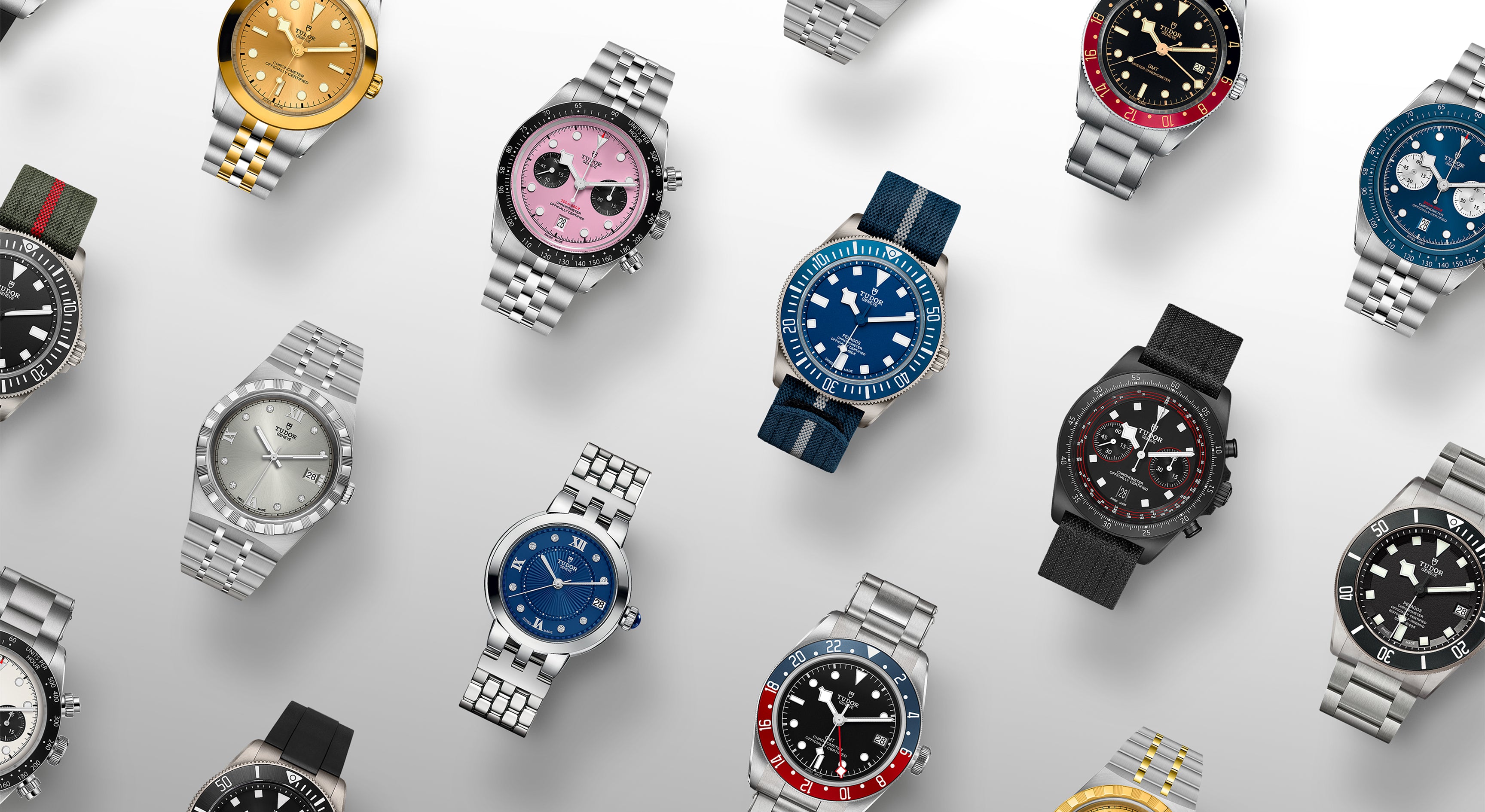 Various Tudor watches with different colored dials, straps, and bezel designs and colors, set against a light gray background. Various Tudor watches with different colored dials, straps, and bezel designs and colors, set against a light gray background.
