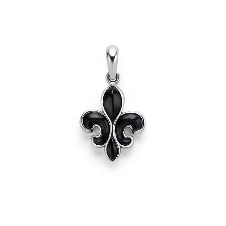 A close-up of a black floral motif pendant against a white background. The pendant features a white gold loop and black ceramic.