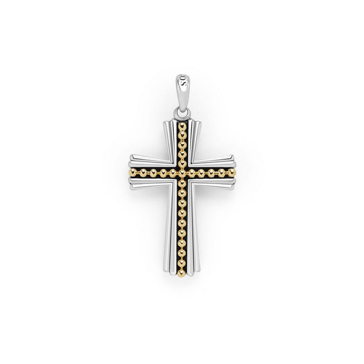 A close-up of a mixed metal cross motif pendant with yellow gold caviar beading in the middle and two outlining rows of white gold.