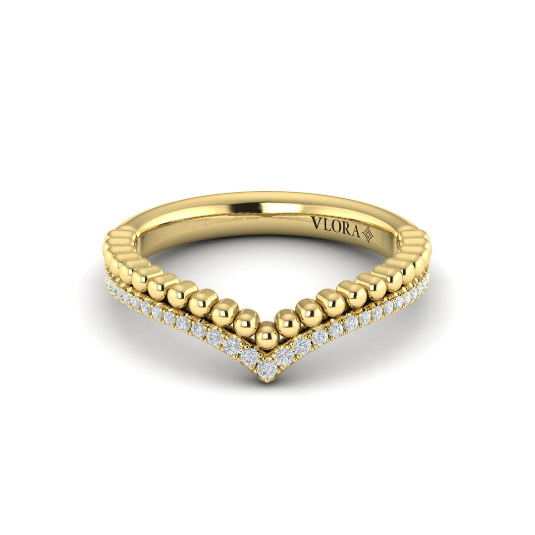 A front view of a yellow gold ring is set against a white background. The ring features a V-shaped design with one row of accent diamonds and one row of beads.