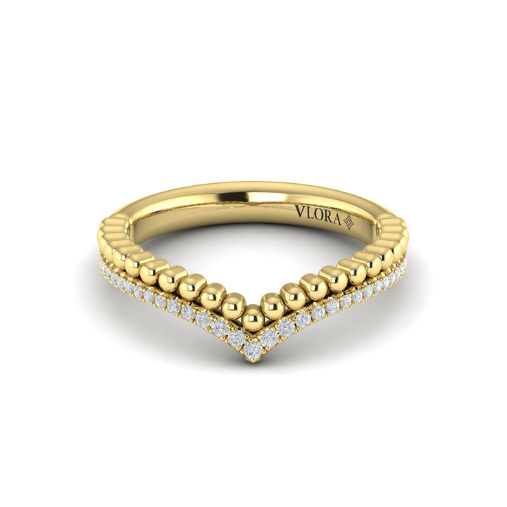 A front view of a yellow gold ring is set against a white background. The ring features a V-shaped design with one row of accent diamonds and one row of beads.