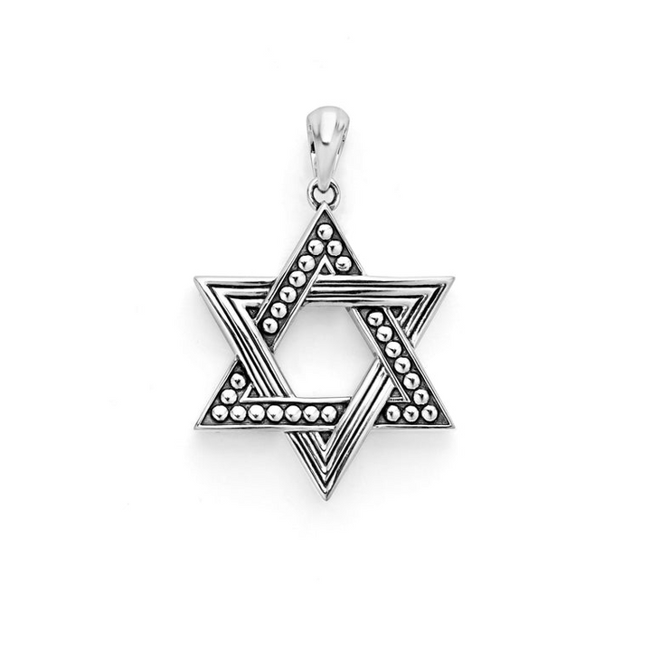 A white gold Star of David motif pendant is in the middle of a white background. The pendant features beaded and stripe detailing.