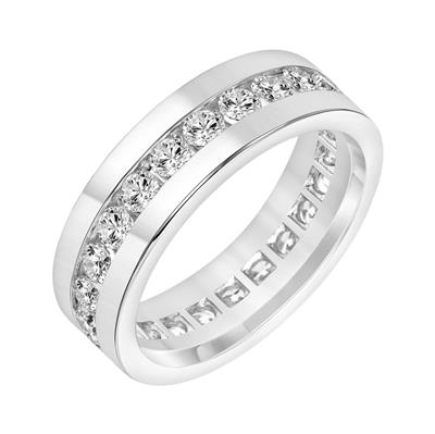 An angled view of a white gold wedding band against a white background. The ring features two sleek white gold stripes and a channel-set row of round-shaped diamonds in the middle.