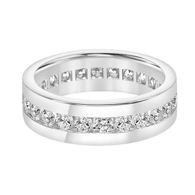A front view of a white gold wedding band against a white background. The ring features two sleek white gold stripes and a channel-set row of round-shaped diamonds in the middle.