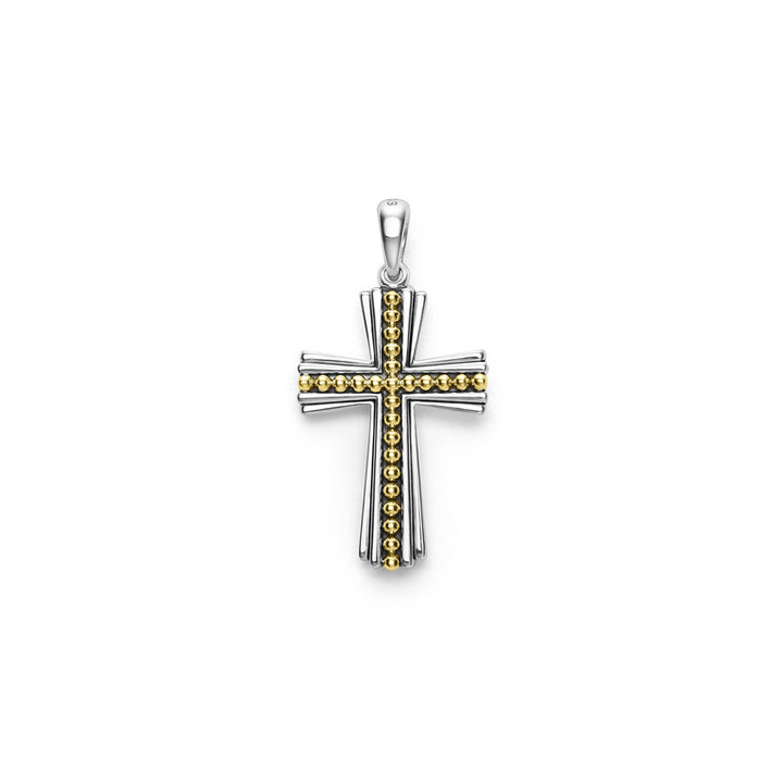 A close-up of a white gold cross amulet in the middle of a white background. The amulet features a yellow-gold caviar-beaded cross design.