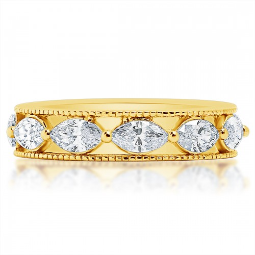 A yellow gold ring laid flat in the middle of a white background. The ring features marquise-shaped diamonds with beaded stations and square detailing on the edges.