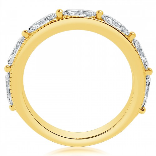 A side profile view of a yellow gold wedding band against a white background. The ring features a bold cigar design with marquise diamonds set in an East-West orientation.
