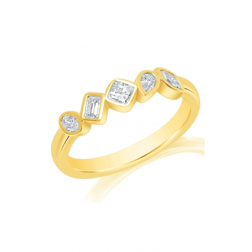 An angled view of a white gold wedding band against a white background. The ring features bezel-set oval, emerald, cushion, pear, and marquise diamonds.