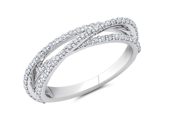 An angled view of a white gold ring is displayed against a white background. The ring features three rows of diamonds, twining themselves.