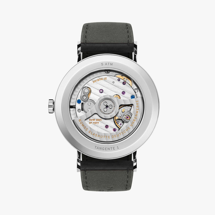 The back of a Nomos Glashutte watch showcases the back of the dial, stainless steel bezel, and strap.