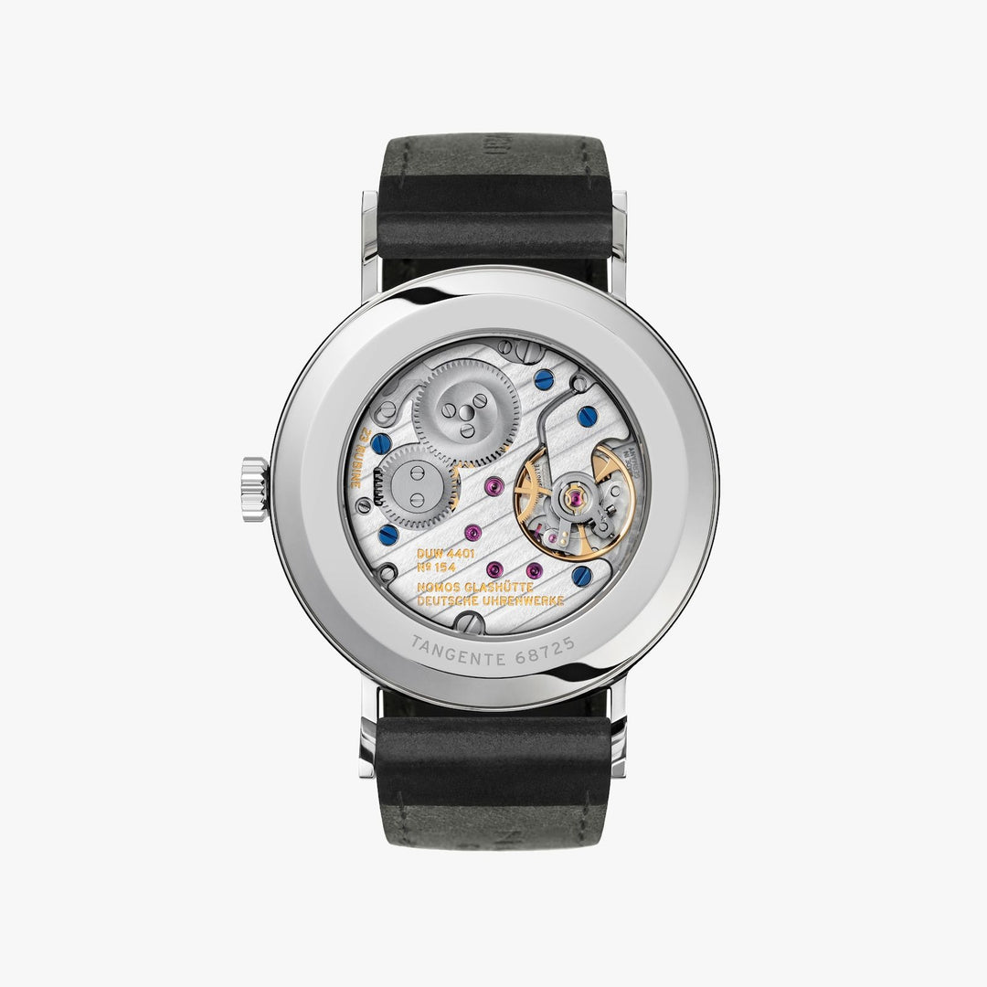 The back of a Nomos Glashutte watch showcases the back of the dial, stainless steel bezel, and strap.