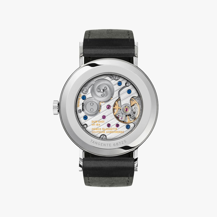 The back of a Nomos Glashutte watch showcases the back of the dial, stainless steel bezel, and strap.