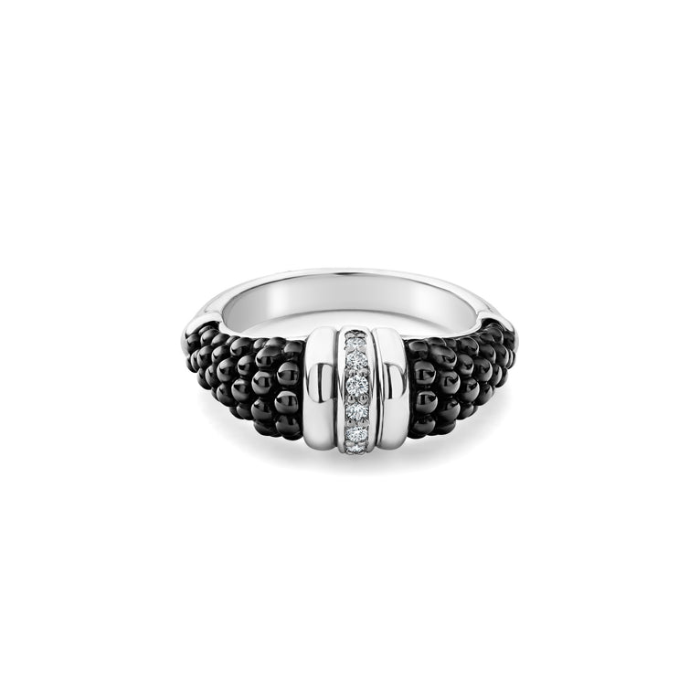 A sterling silver ring is displayed on a white background featuring black ceramic caviar beading with a row of diamonds.