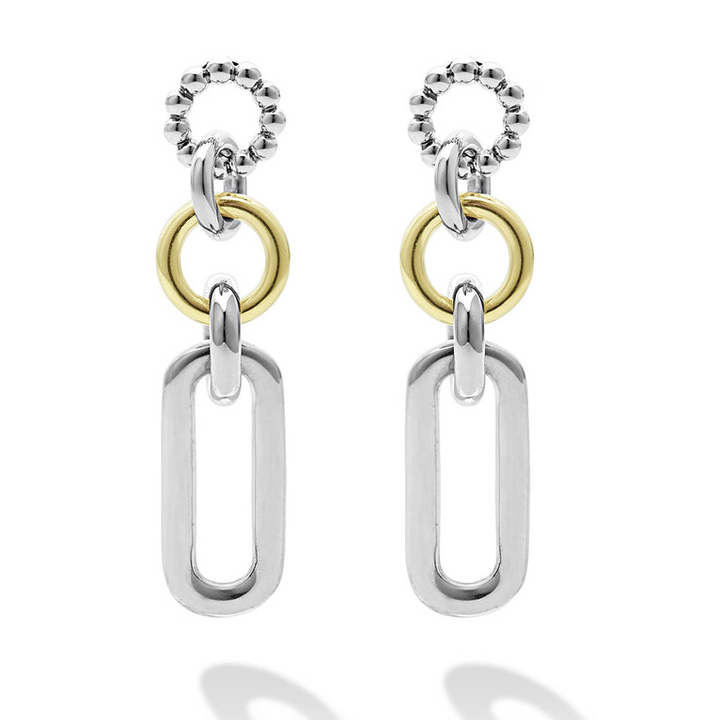 A pair of link drop earrings with Sterling silver & 18k gold variations of Caviar beading and fluting elements.