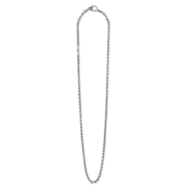 A sterling silver chain featuring sterling silver fluted links and double link Caviar chain