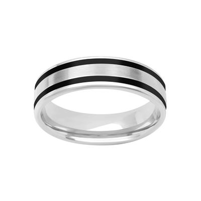 White Gold Men's Wedding Band angled on a white background. The ring features two sleek stripes of black ceramic inlay, a sleek white gold bar in the middle