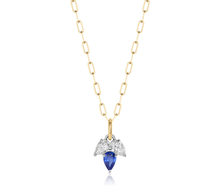 Triple Leaf Diamond & Blue Sapphire Pear Necklace