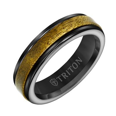 Tilted To The Right, Tungsten Men's Wedding Band. Wood Insert in the middle, black metal surrounding the wood