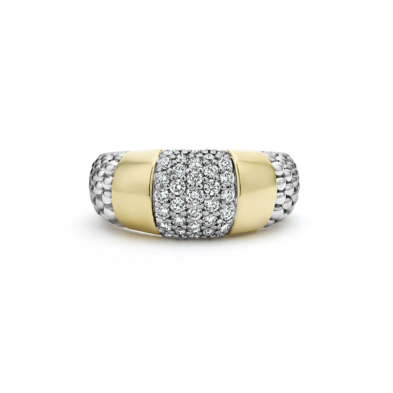 A side-view of a Sterling Silver & 18K Gold two-tone ring featuring smooth gold stations, caviar beading, and diamond-set stations.