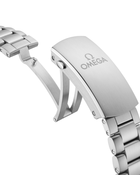 A close-up of the watch's stainless steel bracelet undone with the Omega on the right side of the bracelet against a transparent background