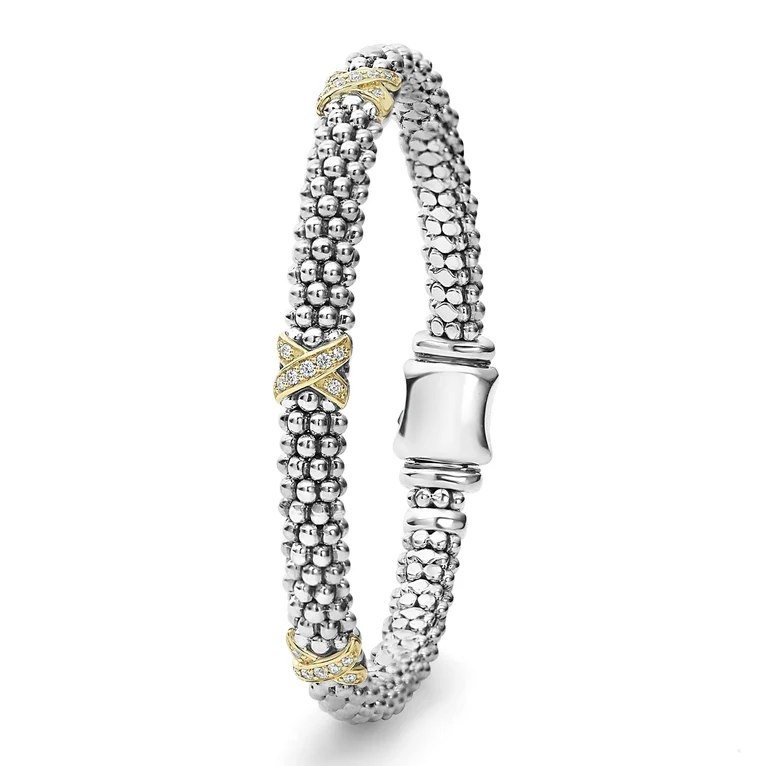 Three Station Gold X Diamond Caviar Bracelet