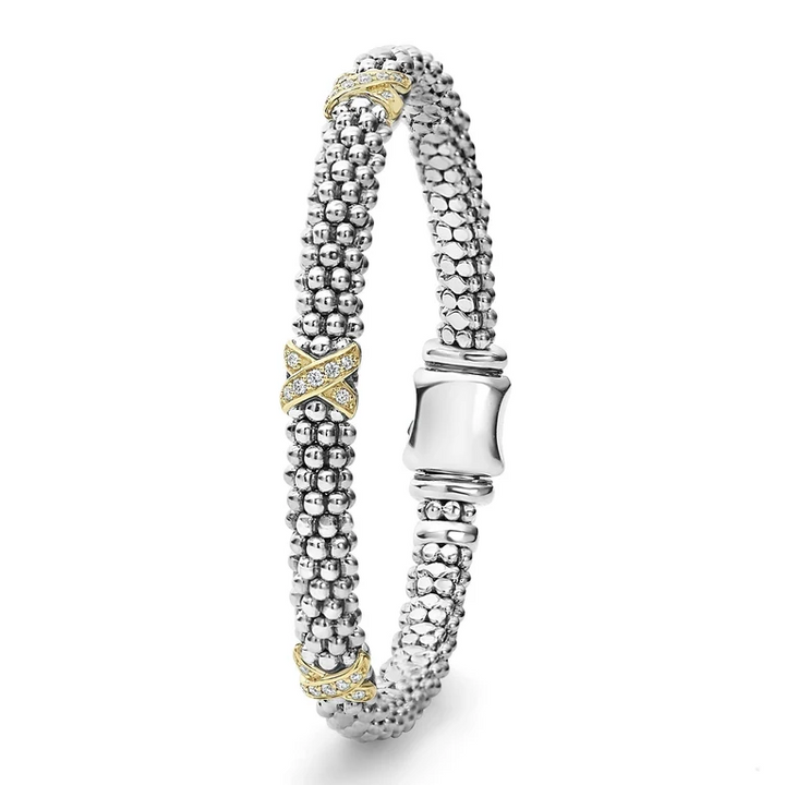 Three Station Gold X Diamond Caviar Bracelet