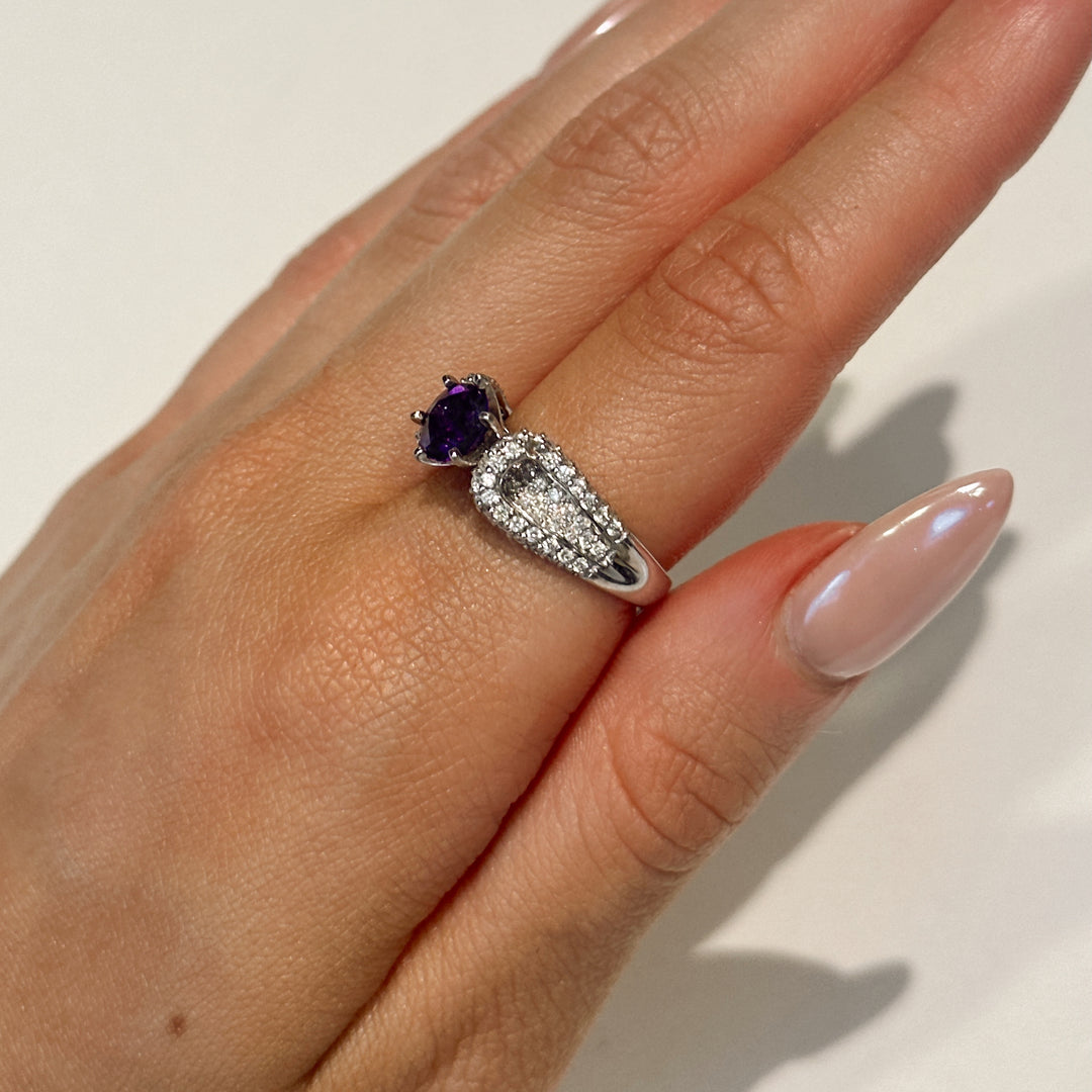14K White Gold Round Amethyst Diamond Ring