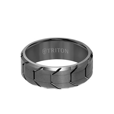 Tungsten Metal Men's Wedding Band Laying Flat. Bevel edge design with a tire tread design