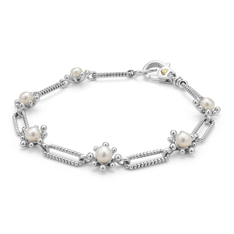 Sterling Silver Fleur Pearl Link Bracelet