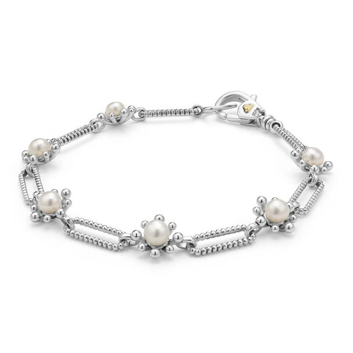 Sterling Silver Fleur Pearl Link Bracelet