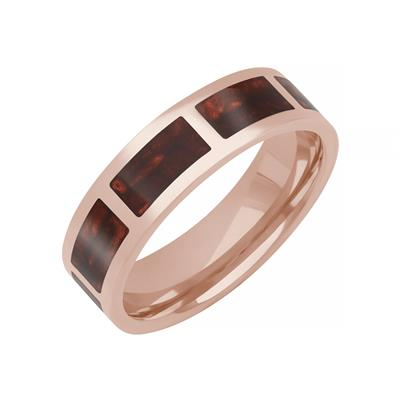 Tilted To The Right, Rose Gold Men's Wedding Band is displayed on a white background. The ring features a flat ladder design highlighted by bold red ceramic inlays