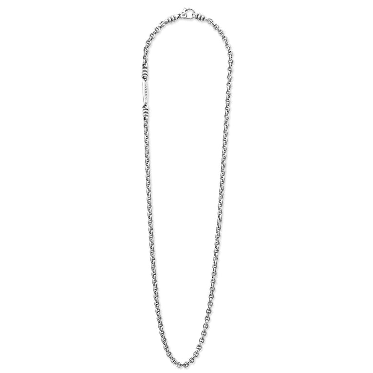 A sterling silver chain featuring sterling silver fluted links and double link Caviar chain