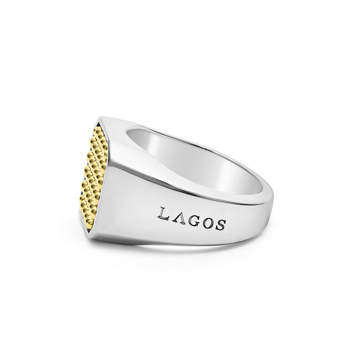 A side-view of a sterling silver and 18k gold ring displayed in the middle of a white background featuring 18K gold Caviar beading surrounded by smooth sterling silver with a square design.