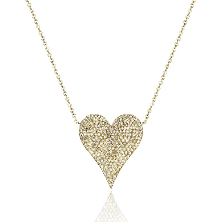 A close-up of a yellow-gold Pave Heart Necklace against a white background. The necklace features a heart-shaped pendant with round diamonds.