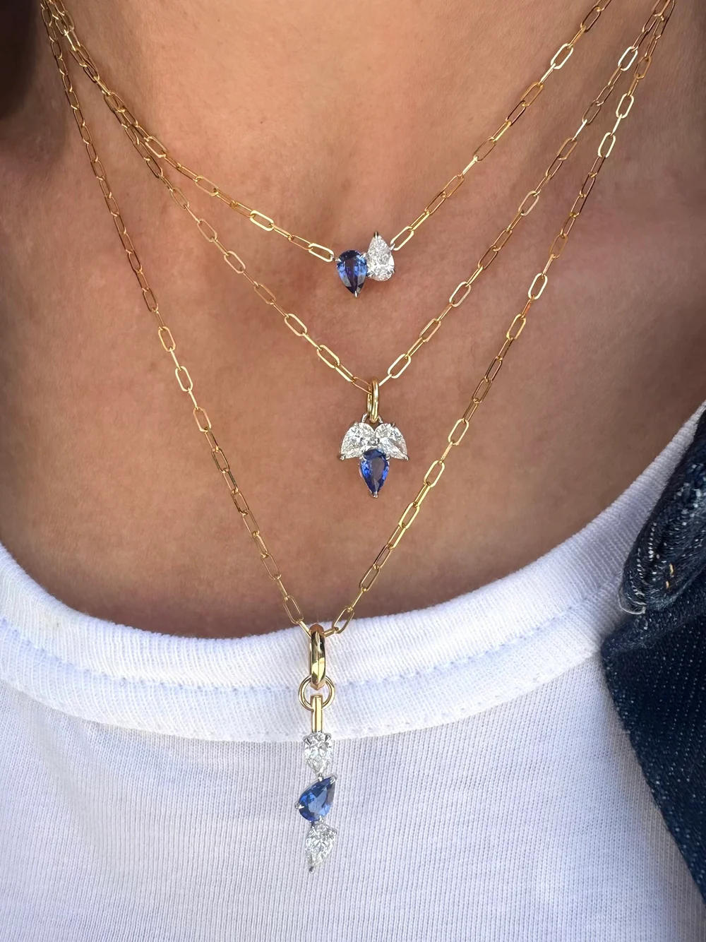 Triple Leaf Diamond & Blue Sapphire Pear Necklace