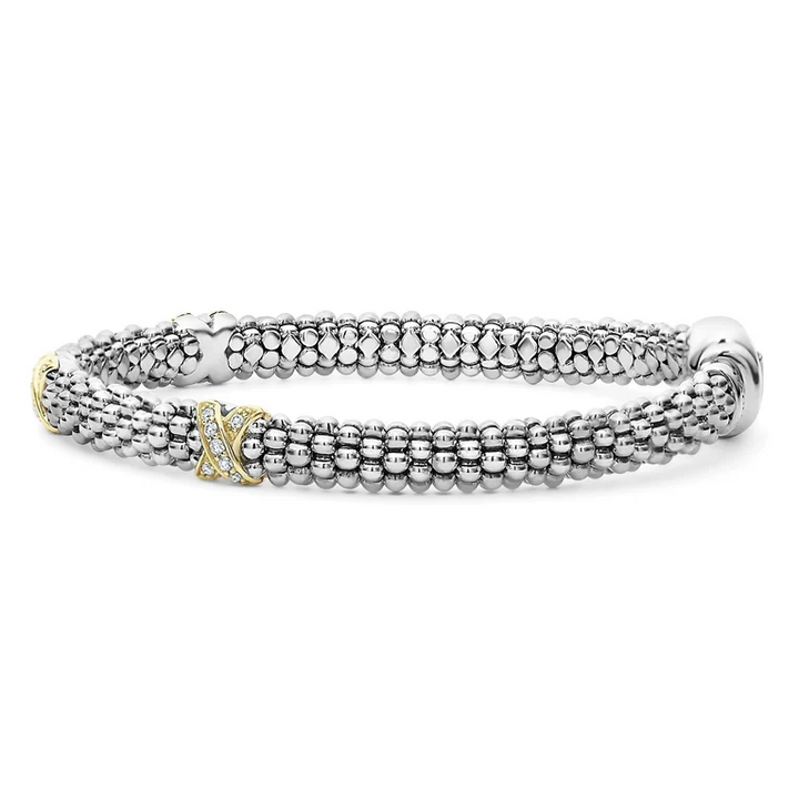 Three Station Gold X Diamond Caviar Bracelet