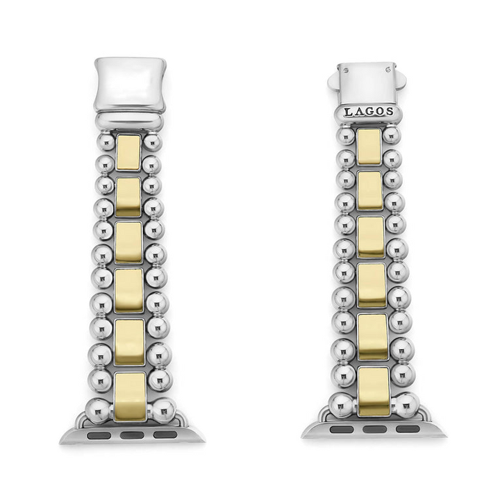 Two of the bands rest in the middle on a white background, the right band has an engraved LAGOS by the clasp. The watch bands feature 18K gold-stationed links and stainless steel beading around the links. 