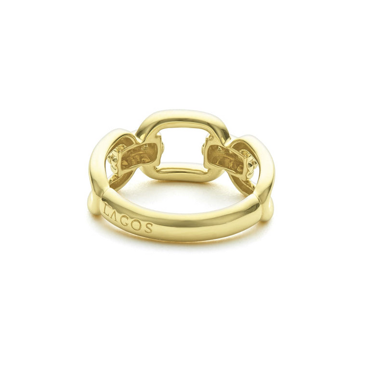A back view of a yellow gold ring against a white background. The ring features 18K gold variations of Caviar beading and fluting elements, and an oval link design.