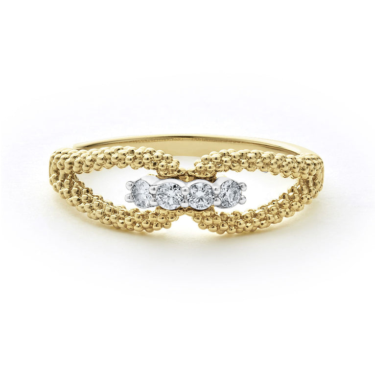A front view of a yellow gold ring against a white background. The ring features 18k gold superfine Caviar beading and four round-shaped diamonds set in the middle of the two gold loops, all set in 18k White Gold.