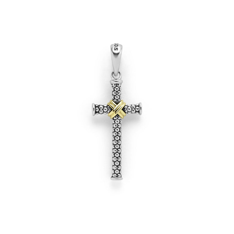 A Two-Tone Caviar Beaded X Cross Amulet is displayed in the middle of a white background