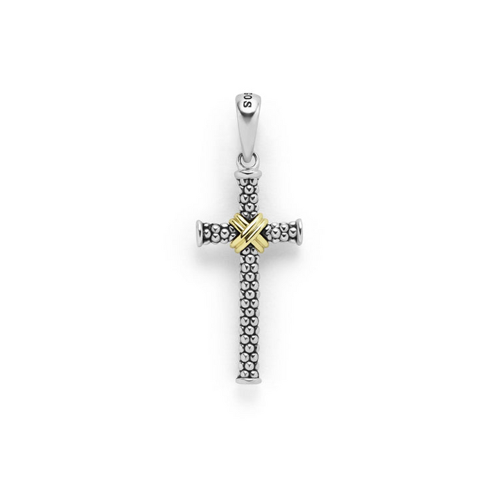 A Two-Tone Caviar Beaded X Cross Amulet is displayed in the middle of a white background