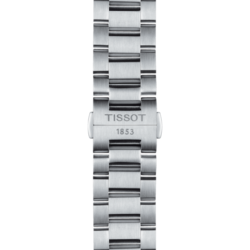 A close-up of the watch's stainless steel bracelet with the Tissot 1853 logo clasp in the middle against a transparent background