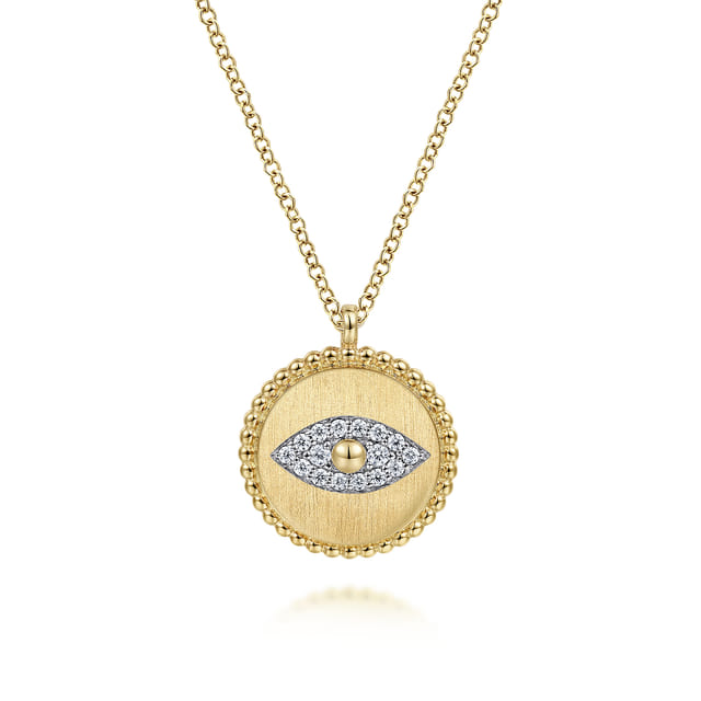 14K Yellow Gold Diamond Evil Eye Medallion Necklace