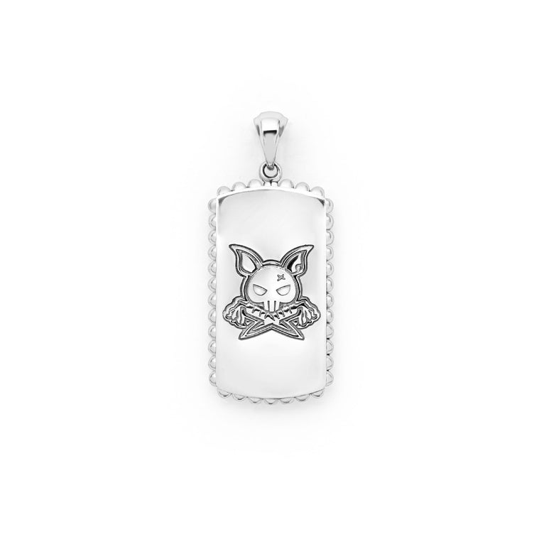 A back-view of a tag amulet in the middle of a white background featuring Black agate accented by sterling silver Caviar beading