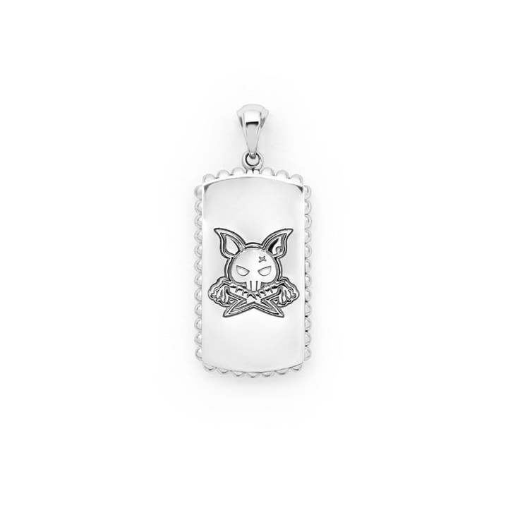 A back-view of a tag amulet in the middle of a white background featuring Black agate accented by sterling silver Caviar beading